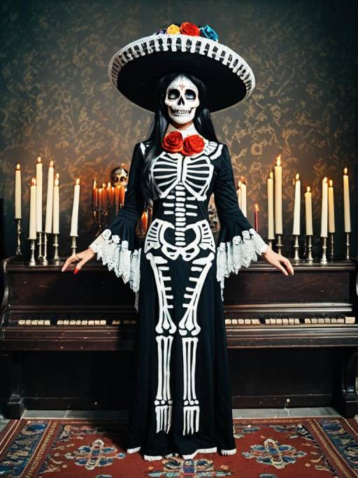 Woman in La Muerte Costume with Candlelit Piano Background