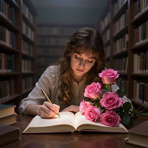Photograph of a young woman with curly brown hair, writing in an illuminated book, surrounded by pink roses, in a dimly lit library.