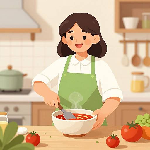 Digital illustration of a smiling Asian woman with black hair, wearing a green apron, stirring red tomato sauce in a white bowl on a wooden kitchen counter
