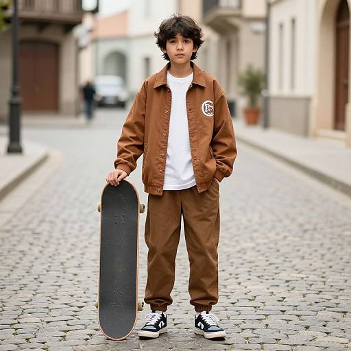 Photograph of a young boy with curly black hair, wearing a brown jacket, white shirt, brown pants, and black shoes, holding a skateboard on