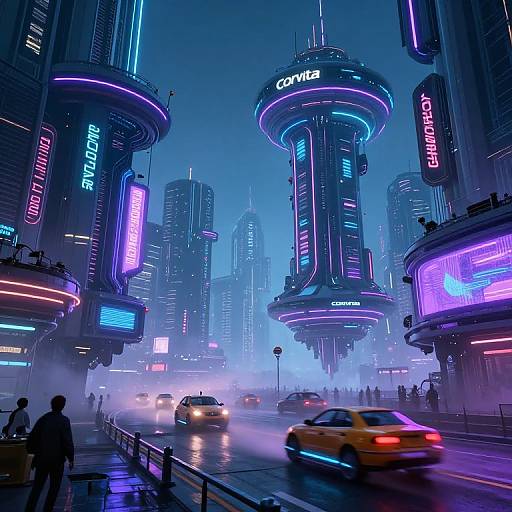 Neon-lit futuristic cityscape photograph with glowing skyscrapers, hovering buildings, and rain-soaked streets filled with speeding yellow taxis and pedestrians.