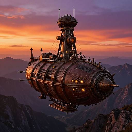 Steampunk airship with glowing lights flying over mountainous landscape at sunset, featuring vibrant orange and purple sky in photograph.