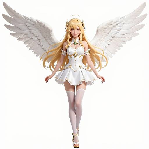 Digital anime-style illustration of a blonde angelic woman with white wings, wearing a white, gold-accented dress, and thigh-high stockings, walking