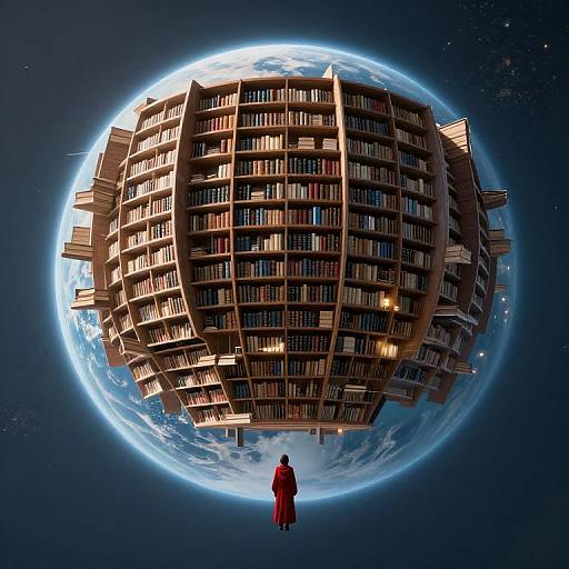 Digital artwork: A spherical, multi-story library floating in space, illuminated by Earth's light. A lone figure in a red robe stands below.