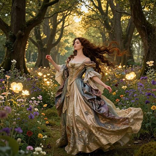 Photograph-style digital art: Fair-skinned woman with long brown hair in flowing, ornate golden dress dances through sunlit forest, surrounded by glowing