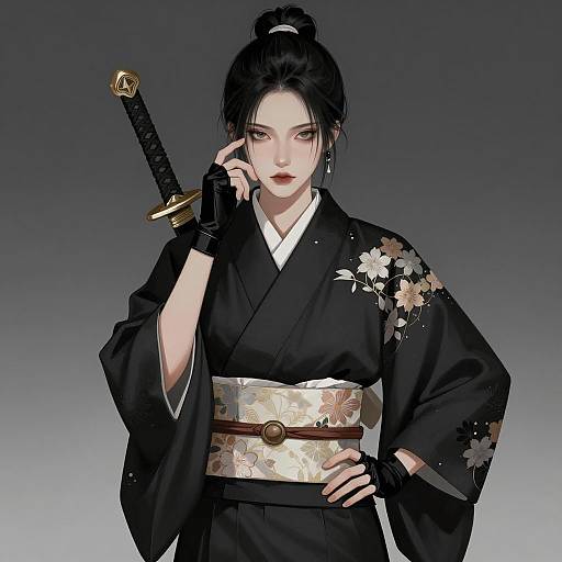 Asian Woman in Black Kimono with Sword
