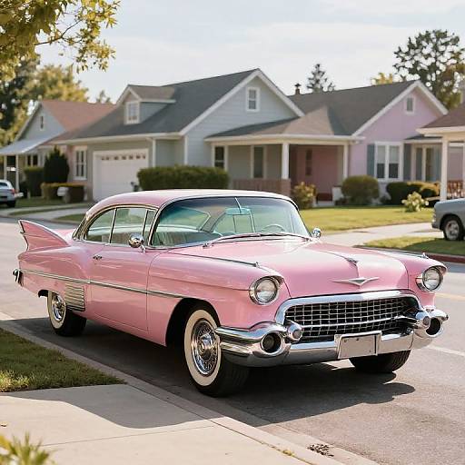 Photograph of a vintage pink 1950s Chevrolet sedan parked on a suburban street with pastel-colored houses in the background.