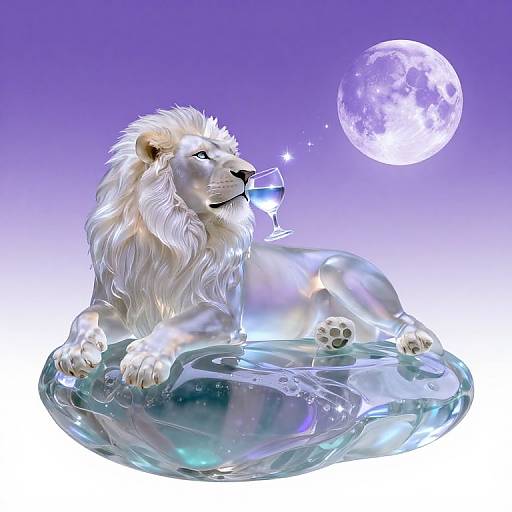 Digital illustration of a majestic white lion with a shimmering mane, lying on a translucent ice floe, gazing at a glowing full moon against a