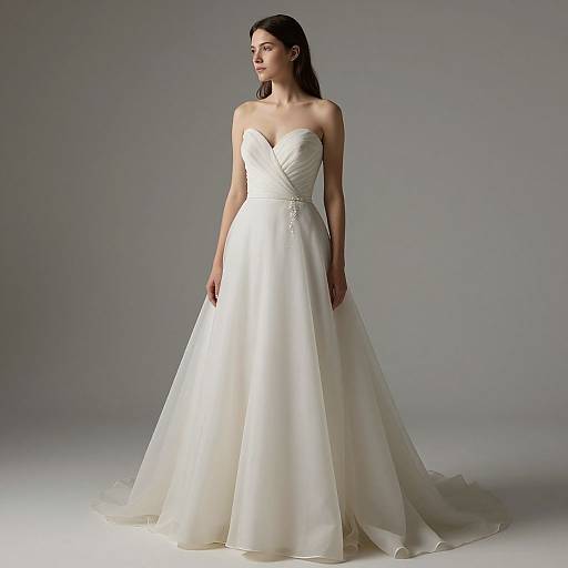 Photograph of a slender, fair-skinned woman with long brown hair wearing a strapless, white satin wedding gown with a sweetheart neckline and a flowing