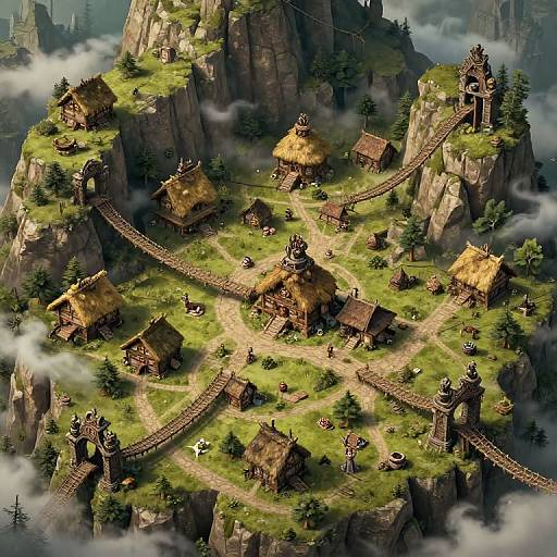 Fantasy CGI image of a mountain village with rustic wooden huts, winding stone paths, and lush greenery, surrounded by mist and pine trees.