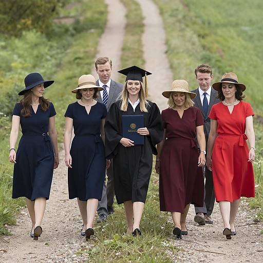 Group Walking Graduation Celebration on Country Path