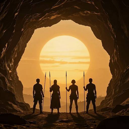 Silhouetted warriors with spears stand in a rocky cave entrance at sunset, backlit by a large, glowing orange sun.