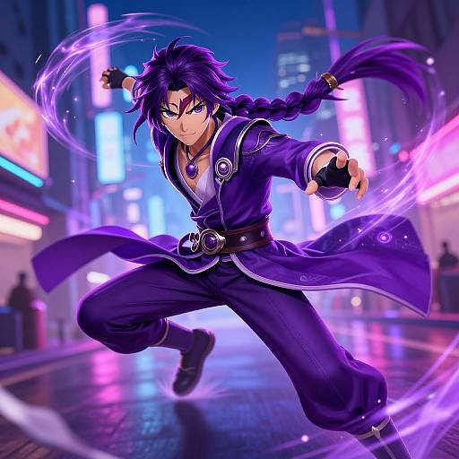 Digital anime artwork of a purple-haired, braided warrior in a dark purple outfit, wielding a glowing purple energy circle in a neon-lit city street