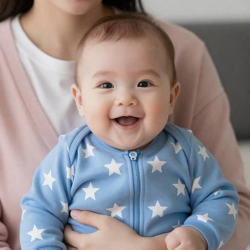 Smiling Baby in Blue Star Onesie with Caregiver