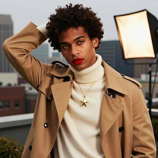 Photograph of a young Black man with curly hair, red lipstick, wearing a beige coat, white turtleneck, and star necklace, posing in