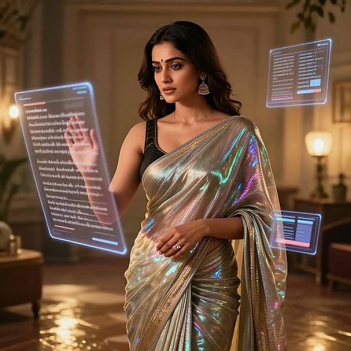 Photograph of an Indian woman with dark hair, wearing a shimmering silver sari, standing in a warmly lit room, surrounded by floating holographic