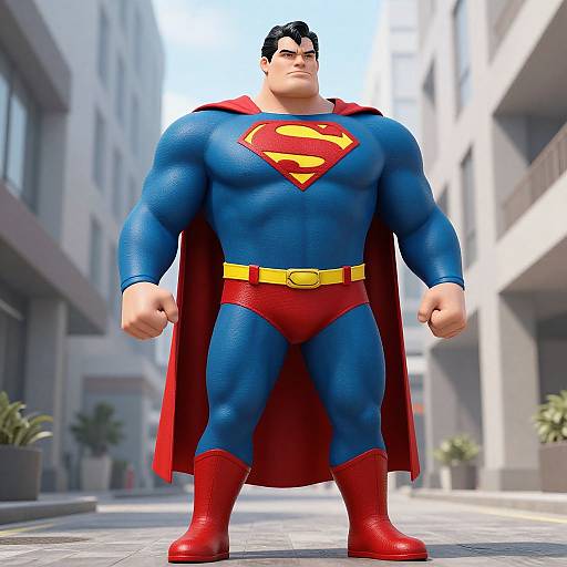 CGI image of muscular Superman standing confidently on a sunlit city street, wearing blue suit, red trunks, yellow belt, red boots, and