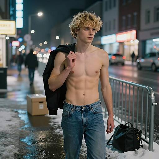 Shirtless young man on snowy city street at night