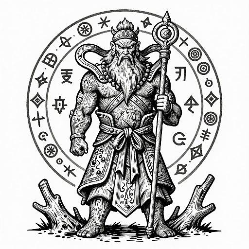 Black ink drawing of a muscular, bearded wizard in ornate robes, holding a staff, surrounded by a circular zodiac symbol. Broken wooden pieces
