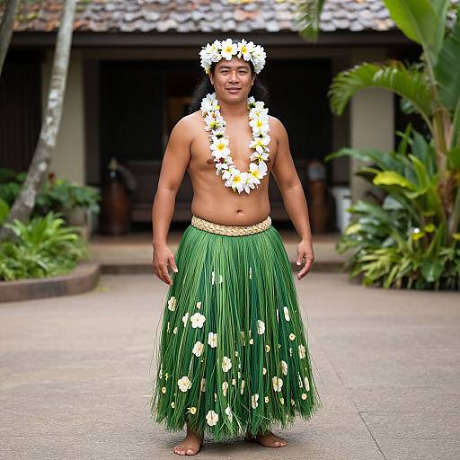 Photograph of a smiling, shirtless Polynesian man wearing a floral headband and lei, green grass skirt with white flower accents, standing in