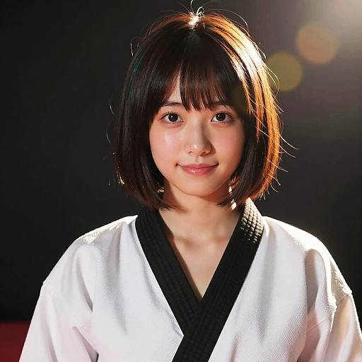 Photograph of an Asian woman with short black hair, smiling, wearing a white kimono with black trim, against a dark background.