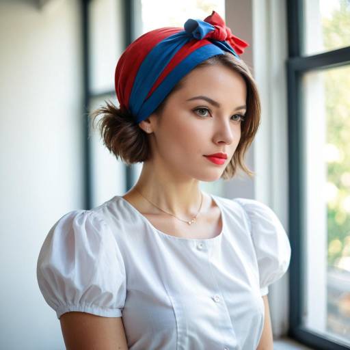 Young Woman in Red and Blue Headscarf by Window