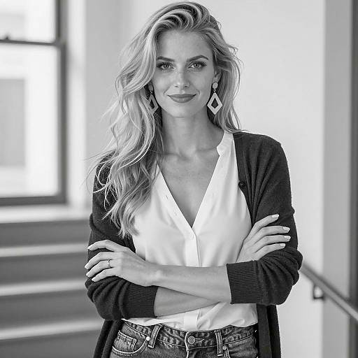 Confident Blonde Woman in Black-and-White