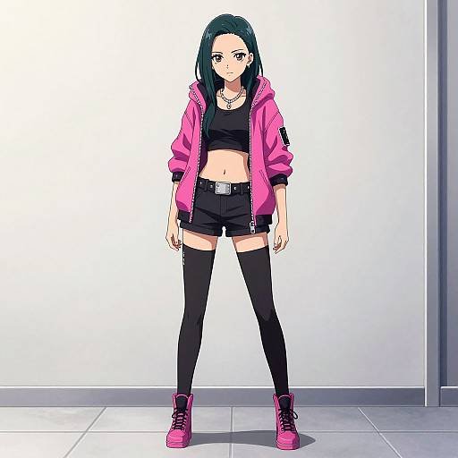 Anime-style digital drawing of a black-haired girl in a pink jacket, black crop top, shorts, thigh-high socks, and pink sneakers, standing against