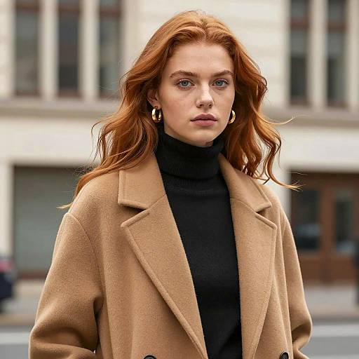 Young Woman in Tan Overcoat and Black Turtleneck