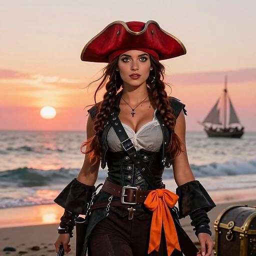 Vibrant Female Pirate at Sunset Shore