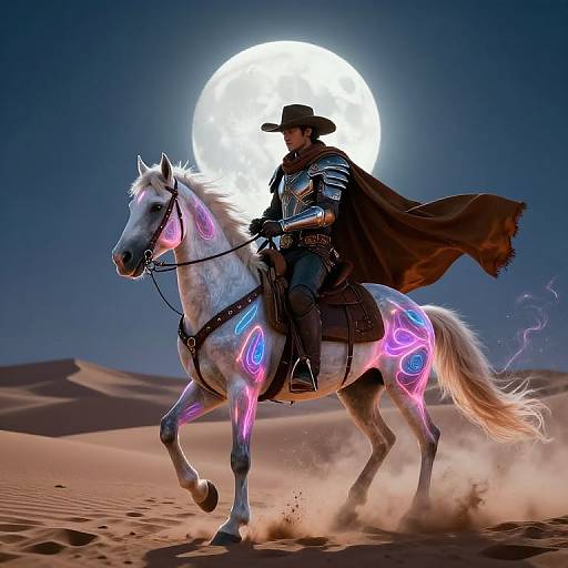 Digital artwork of a cowboy with glowing neon tattoos riding a white horse with similar neon markings under a full moon in a desert.