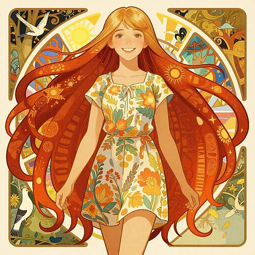Digital illustration of a smiling woman with long, flowing red hair, wearing a floral dress, set against a vibrant, sunlit, patterned background.