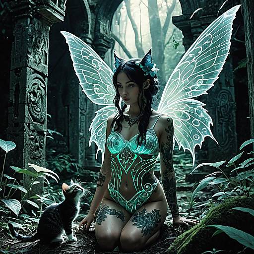 Curious Forest Nymph with Kitten in Ancient Ruins
