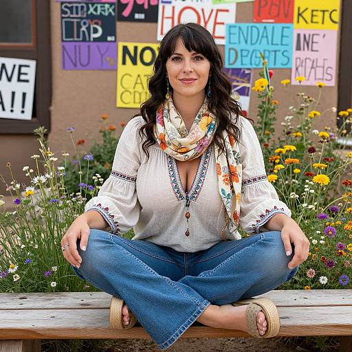 Photograph of a smiling, dark-haired woman with fair skin, wearing a white blouse, colorful scarf, and blue jeans, sitting cross-legged on a