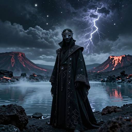 Digital art: Dark, masked figure in ornate black cloak stands by volcanic lake under a starry sky with lightning, surrounded by glowing mountains.