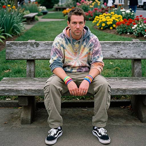 Photograph of a man with short brown hair, wearing a tie-dye hoodie, beige cargo pants, black sneakers, and colorful wristbands, sitting