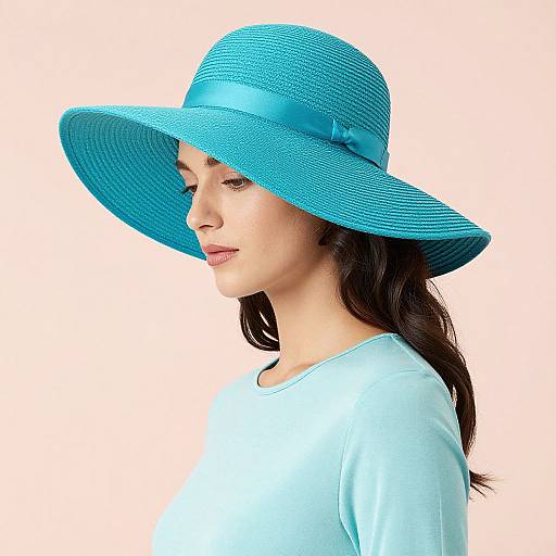 Photograph of a young woman with light skin and dark hair, wearing a bright blue wide-brimmed hat and matching blue shirt, against a white