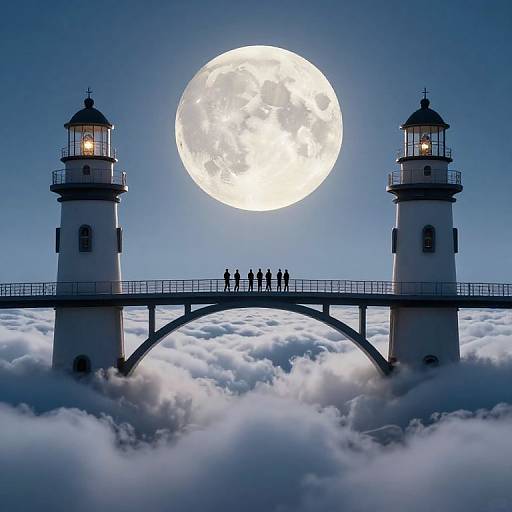 Photograph of two lighthouses with silhouetted people on a bridge, set against a bright full moon and fluffy clouds.