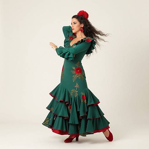 Photograph of a dark-haired woman in a green, ruffled, floral-embellished dress, red rose hair accessory, and red shoes,