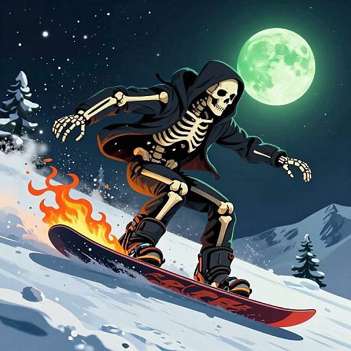 Digital illustration: Skeleton in black hooded cloak snowboarding under full moon, with flames underboard, against snowy mountains and starry night sky.