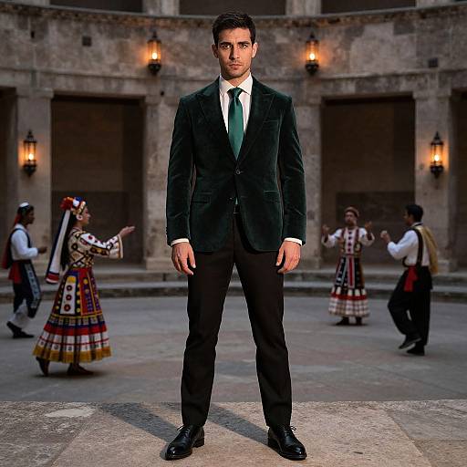 Photograph of a serious, dark-haired man in a black velvet suit, white shirt, and green tie, standing center in an outdoor stone courtyard with