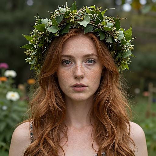 Photograph of a fair-skinned, freckled redhead woman with long wavy hair, wearing a green leafy crown, against a blurred garden