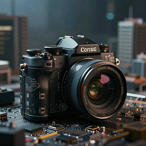 Photograph of a black Canon T3i DSLR camera with a 18-55mm lens, set on a circuit board background with blurred city
