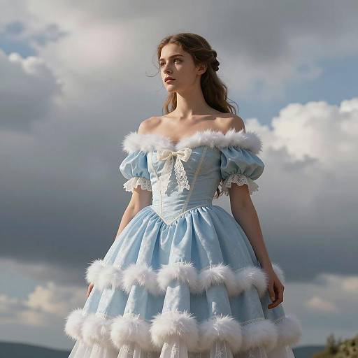 Young Woman in Pale Blue Cloud-Inspired Dress
