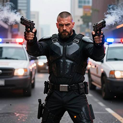 Photograph of a bearded, muscular, dark-haired man in black tactical gear, holding two smoking pistols in a city street with police cars and blurred