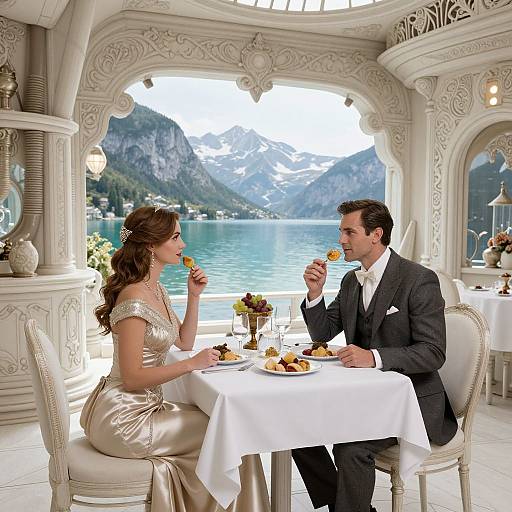 Elegant couple in a luxurious, ornate dining room with lake and mountain view, sharing a romantic meal in formal attire.