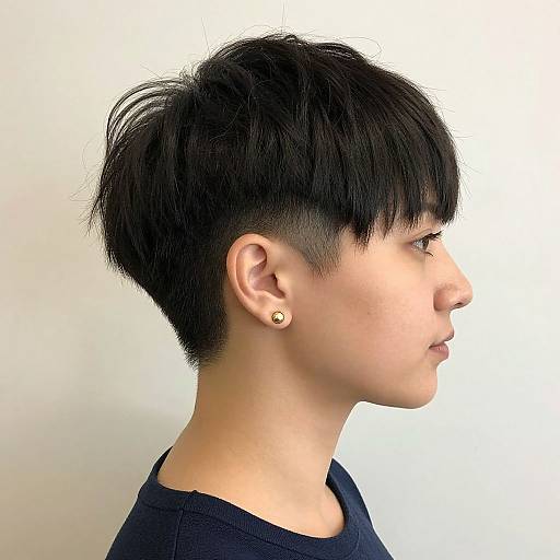 Side profile photograph of a young Asian woman with short, black, layered hair, wearing a black shirt and small gold earrings.