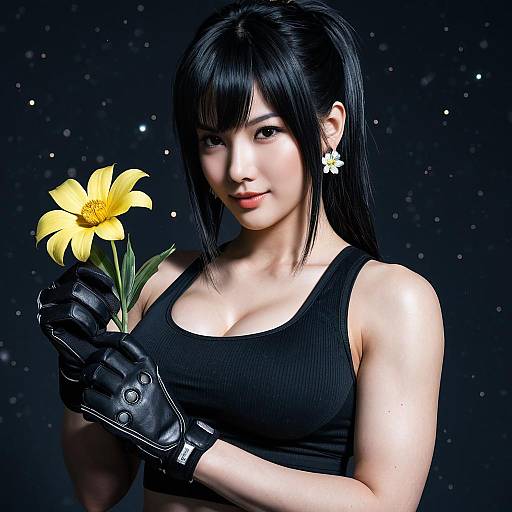 Digital artwork of an Asian woman with black hair, wearing a black tank top and gloves, holding a yellow flower against a dark, starry background.