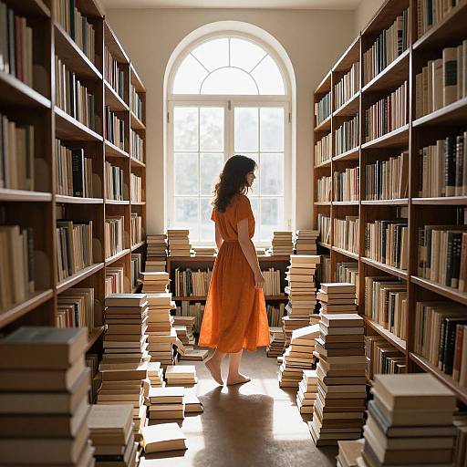 Photograph of a woman in an orange dress, standing in a sunlit library aisle with tall bookshelves and scattered books.