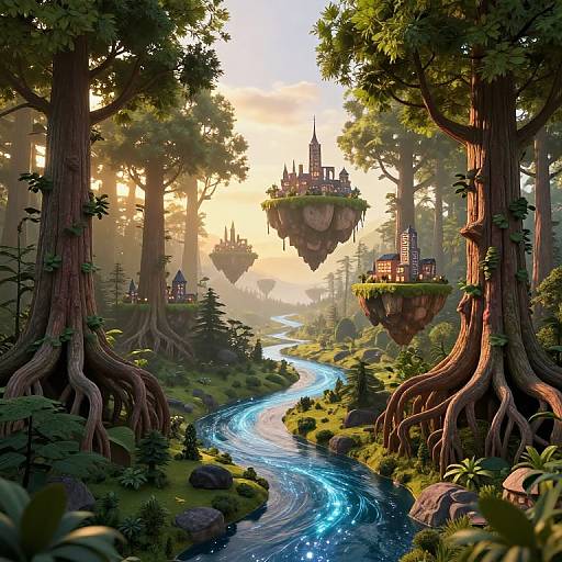 Digital fantasy artwork: enchanted forest with glowing blue river, floating medieval castles among towering trees, sunlit misty background, vibrant greenery.